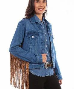 Scully Denim Fringe Cheetah Jacket Women
