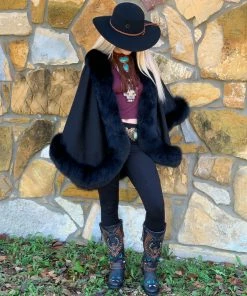 The Ranch House Sale Black Classic Cashmere Cape With Fox Fur Trim