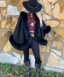 The Ranch House Sale Black Classic Cashmere Cape With Fox Fur Trim