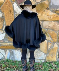 The Ranch House Sale Black Classic Cashmere Cape With Fox Fur Trim