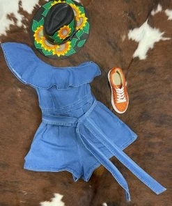 The Ranch House Off Shoulder Denim Romper