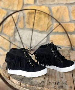The Ranch House Stella Fringe Moccasin Wedge Booties - Black