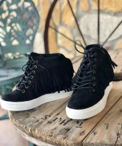 The Ranch House Stella Fringe Moccasin Wedge Booties - Black