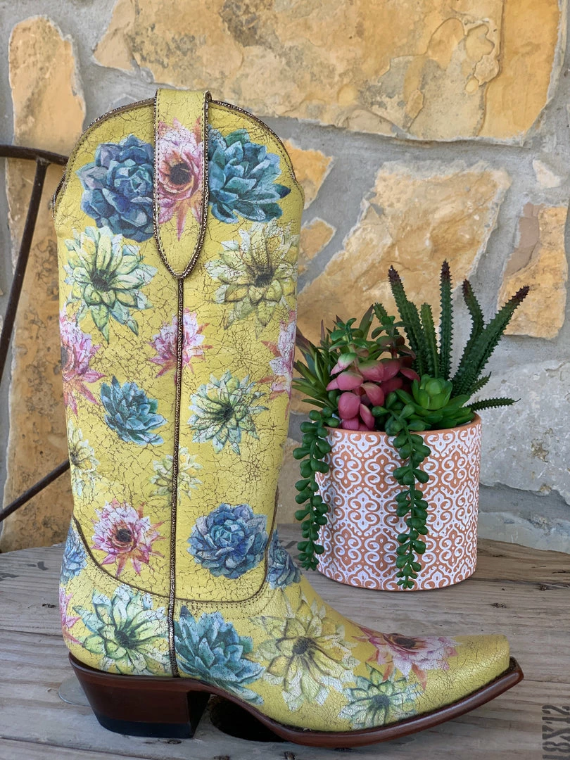 The Ranch House Old Gringo Saguaro Flower Boot - Crackled Yellow Sale 4 The Ranch House Old Gringo Saguaro Flower Boot - Crackled Yellow Sale