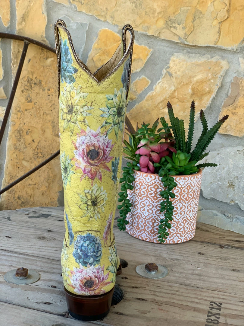 The Ranch House Old Gringo Saguaro Flower Boot - Crackled Yellow Sale 5 The Ranch House Old Gringo Saguaro Flower Boot - Crackled Yellow Sale