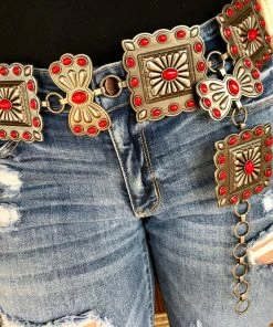 The Ranch House Red Stone Square Concho Chain Belt