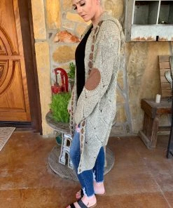 The Ranch House Sale Hooded Cable Knit Cardigan With Suede Ribbon And Elbow Patch Detail