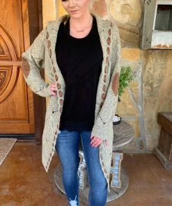 The Ranch House Sale Hooded Cable Knit Cardigan With Suede Ribbon And Elbow Patch Detail