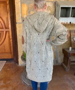 The Ranch House Sale Hooded Cable Knit Cardigan With Suede Ribbon And Elbow Patch Detail