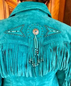 The Ranch House Sale Scully Turquoise Leather Jacket With Fringe And Beading