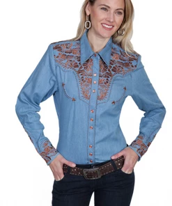 The Ranch House Scully Tooled Champagne Denim Top Women