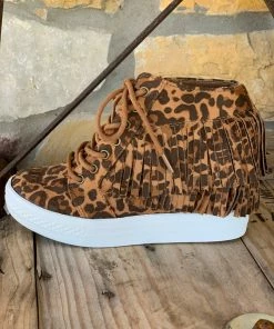 The Ranch House Stella Fringe Moccasin Wedge Booties - Leopard