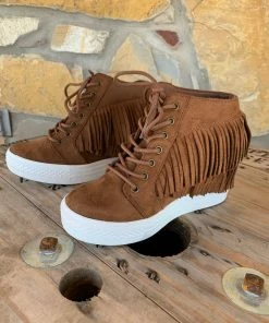 The Ranch House Sale Stella Fringe Moccasin Wedge Booties - Chocolate